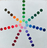 Artist James Wood: Multi coloured dots, version one, on a grey ground, circa 1920